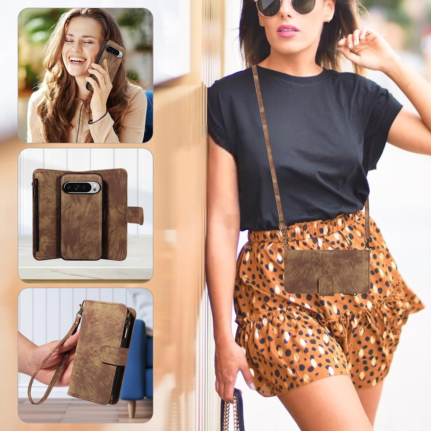 Asuwish Phone Case for Google Pixel 9 Pro XL Zipper Wallet Magnetic Cell Cover with Tempered Glass Screen Protector Crossbody Strap Flip Credit Card Holder Pixel9 9Pro 9ProXL Nine Women Girls Brown