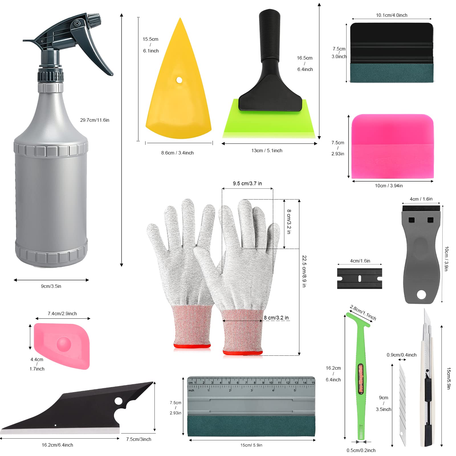 EHDIS Kit Covering d'outils de Film avec Flacon pulvérisateur 500 ML pour Emballage de Voiture, Film de Voiture, Encre Window avec raclette, Couteau, grattoir, extracteur de fenêtre, Gants