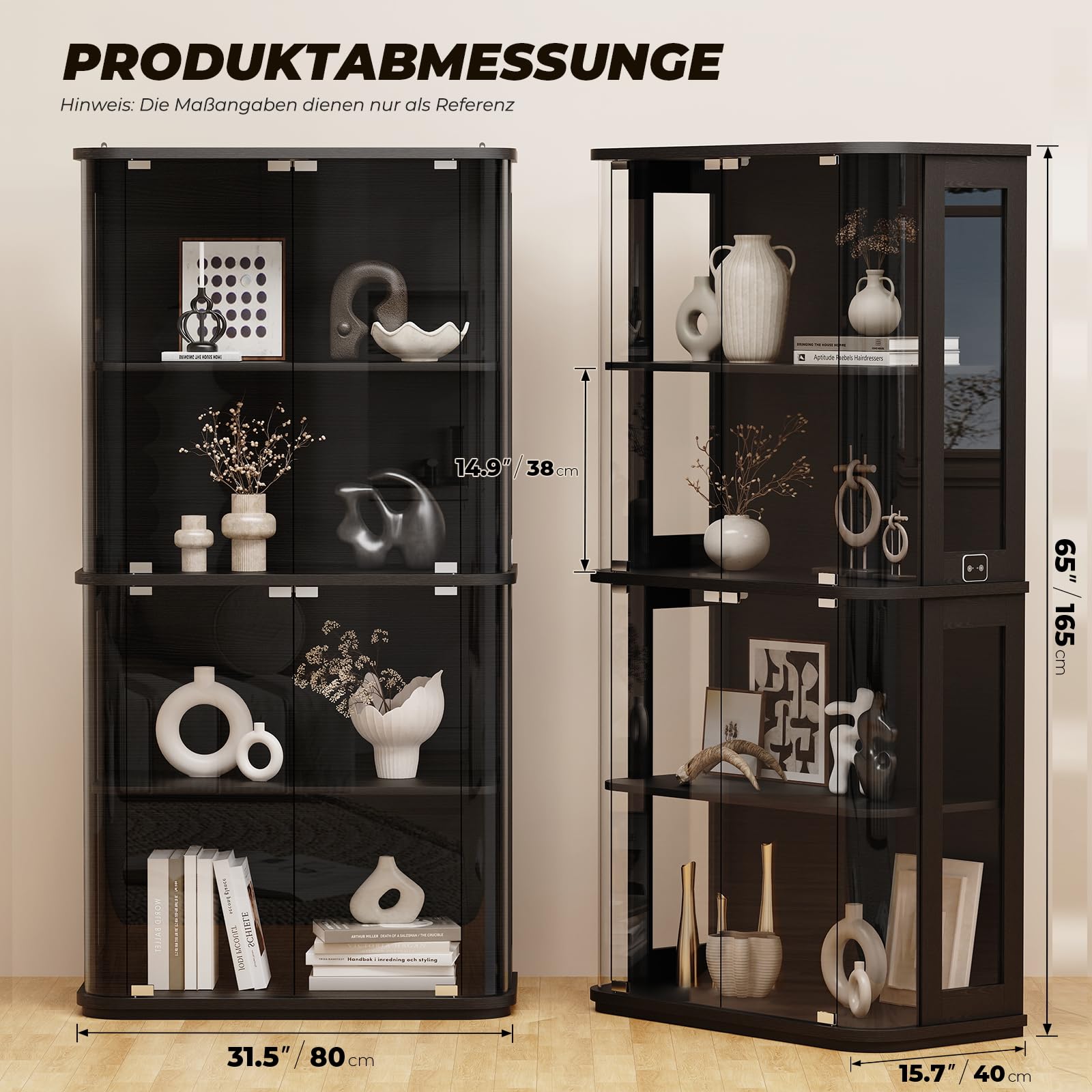 BROTTAR Rundvitrine mit Glastür, 4-stöckige Vitrine mit transparenter, Durchgehender Ausstellungsfläche für Sammlerstücke, Glasvitrine mit 3-Farbiger Beleuchtung, Bewegungssensor, schwarz