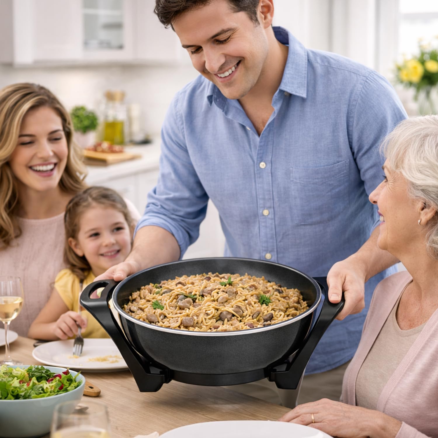 BEPER P101COS100 Wok électrique 33 cm, 1500 W, revêtement antiadhésif en céramique, thermostat réglable, 5 litres, couvercle en verre, idéal pour sauter, frire et mijoter.