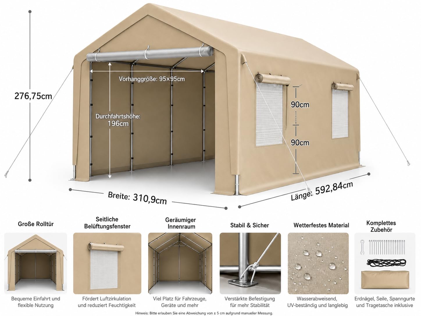 Carport Zeltgarage 3x6 m Winterfest – Garagenzelt mit Rolltor & Seitenfenstern – Wasserdichtes Oxford-Gewebe, Stabiler Stahlrahmen – Auto Carport & Unterstand für PKW, SUV & Motorrad