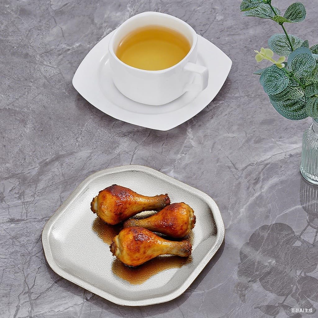 SANQIAHOME 15x15 cm quadrati Piattini da antipasto, in acciaio inox Piccoli piatti,Set di 4, argento,Dessert Piatti per Sushi, Frutta forno/Lavabile in lavastoviglie