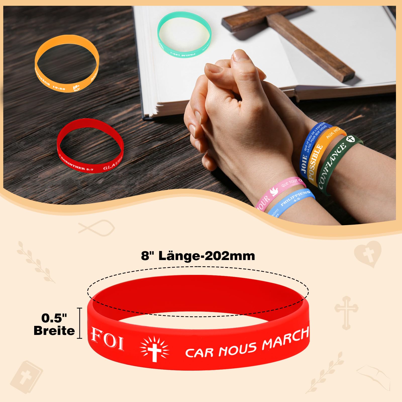 Bracelet de motivation en silicone bible version française de 8 pouces, bracelet cadeau religieux, 9 citations bibliques, 9 couleurs, cadeau idéal, cadeau d'équipe