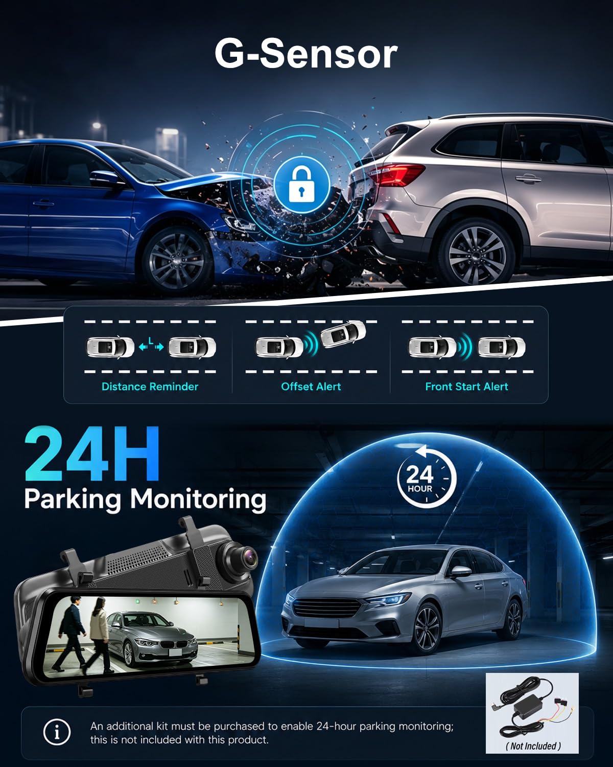 NHOPEEW Dashcam 4K con Cámara Trasera 1080P para Coche | WiFi, Grabación en Bucle, G-Sensor, Monitor de Aparcamiento 24H, Compensación de Exposición, Pantalla IPS de 9,66"