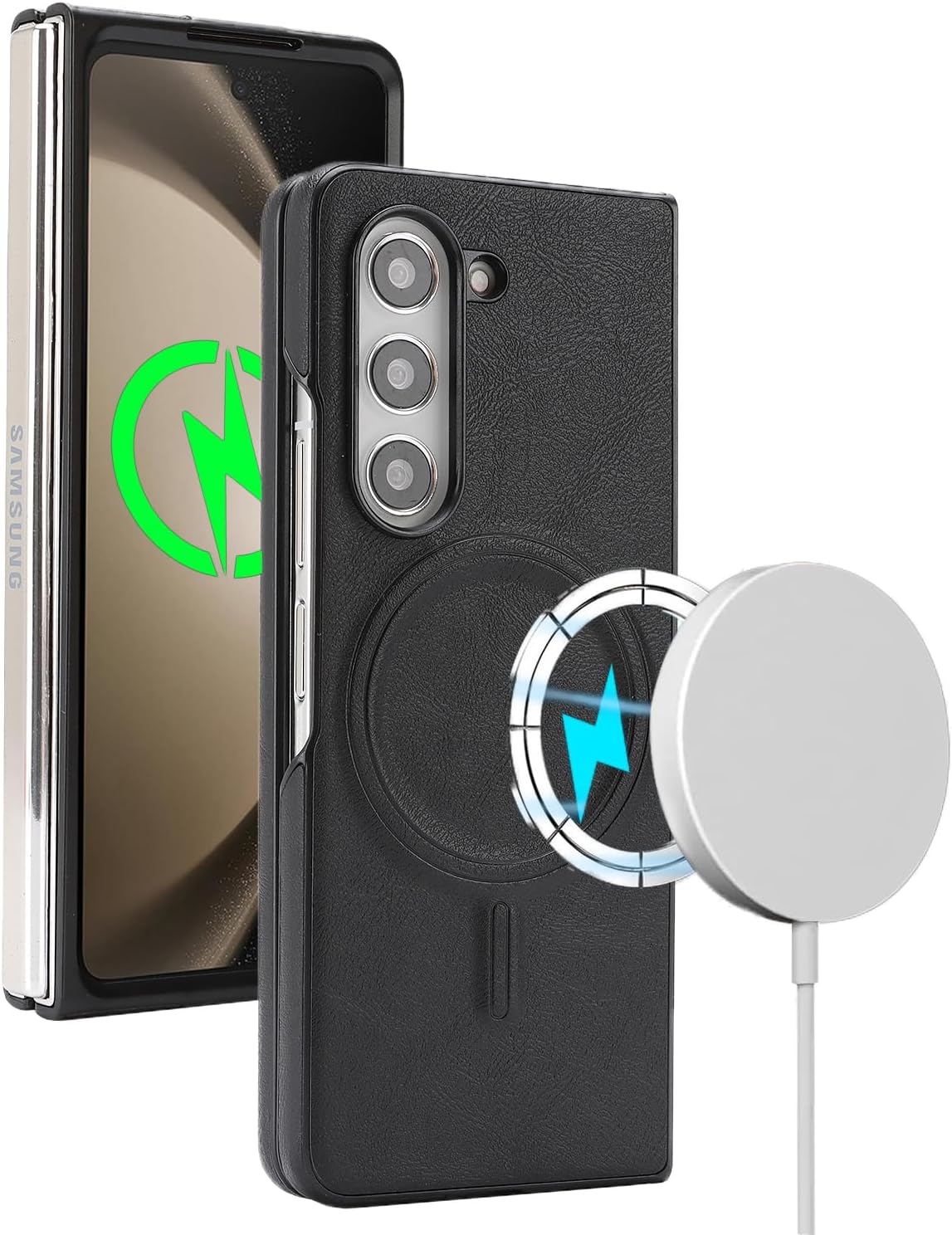 Magnetic for Samsung Galaxy Z Fold 5 case,Support Wireless Charging, Premium PU Leather & Shockproof, Protective Cover for Samsung Galaxy Fold5 (Black)