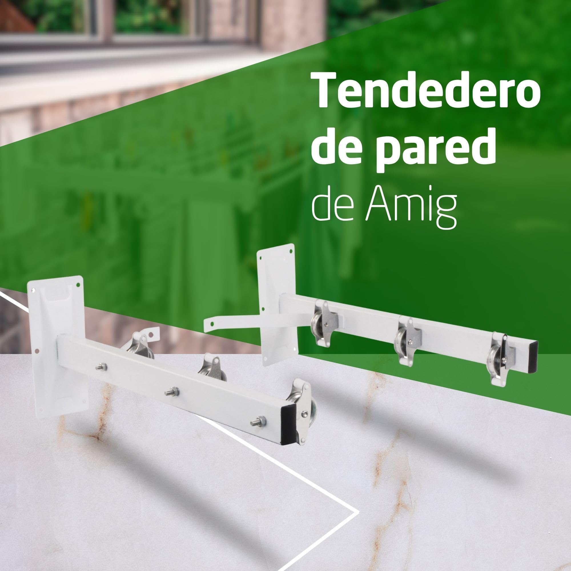 Amig - Tendedero Lateral de Pared Mod. 3 - Tenderete 2 Brazos con 6 poleas de Acero INOX - para 3 Cuerdas - Acero con Pintura epoxy - Uso Exterior - 450 mm - con Accesorios de fijación - Color Blanco