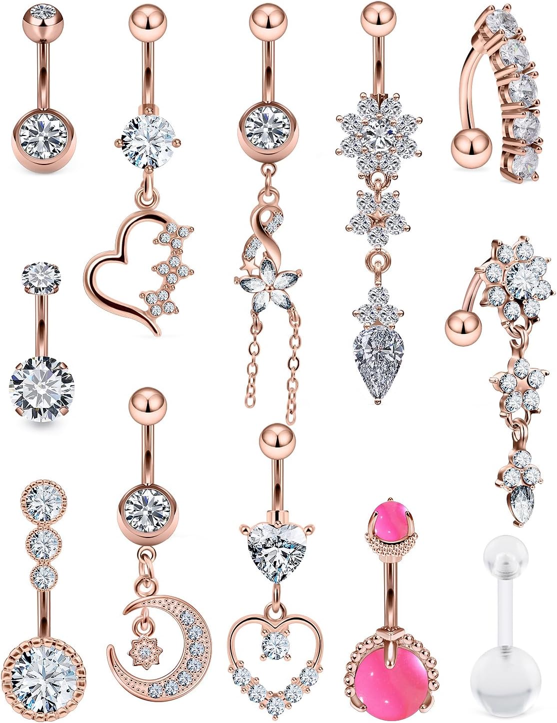 Vsnnsns 14G Dangle Belly Button Ring Piercing Jewelry 316L Stainless Surgical Steel Heart Flower CZ Reverse Navel Rings Dangling Belly Button Ring Piercing Jewelry for Women 14 Gauge Hypoallergenic