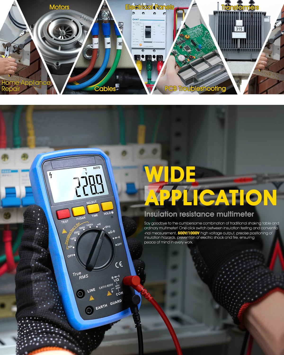 Megohmmetro Multimetro, Tester di Resistenza Isolamento 0,05 MΩ–20 GΩ, Tensione Nominale 50 V–1000 V, Test PI/DAR, CA/CC, Resistenza Capacità per Apparecchiature Elettriche, Trasformatori, Motori