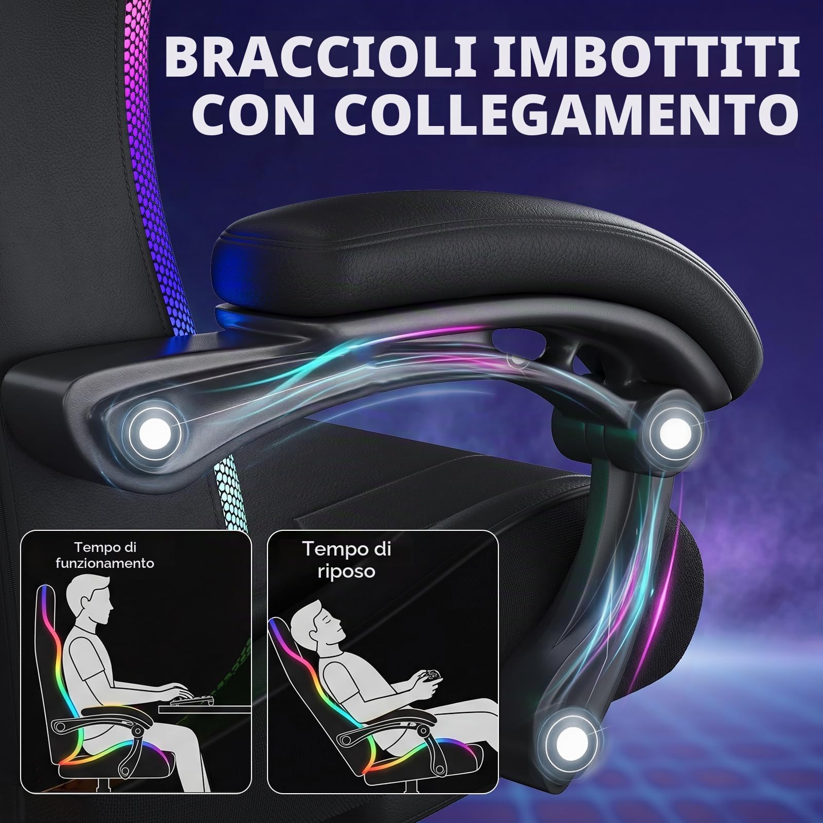GTPLAYER Sedia da gaming, da ufficio, con barra luminosa a LED e funzione di massaggio, schienale con custodia, ergonomica, per PC con telecomando