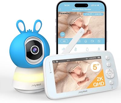 Babyphone mit Kamera und App, 5 Zoll Baby Monitor IPS Display, Ultra-HD-Nachtsicht, Bewegungs/Weinen Alarm, Temperatur und Feuchtigkeitsmessung, Nachtlichter und Schlaflieder