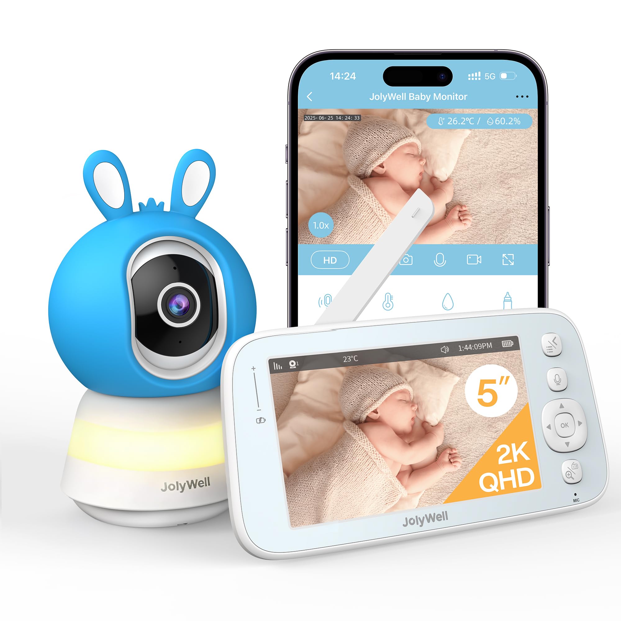 JolyWell Babyphone mit Kamera und App, 5 Zoll Baby Monitor IPS Display, Ultra-HD-Nachtsicht, Bewegungs/Weinen Alarm, Temperatur und Feuchtigkeitsmessung, Nachtlichter und Schlaflieder