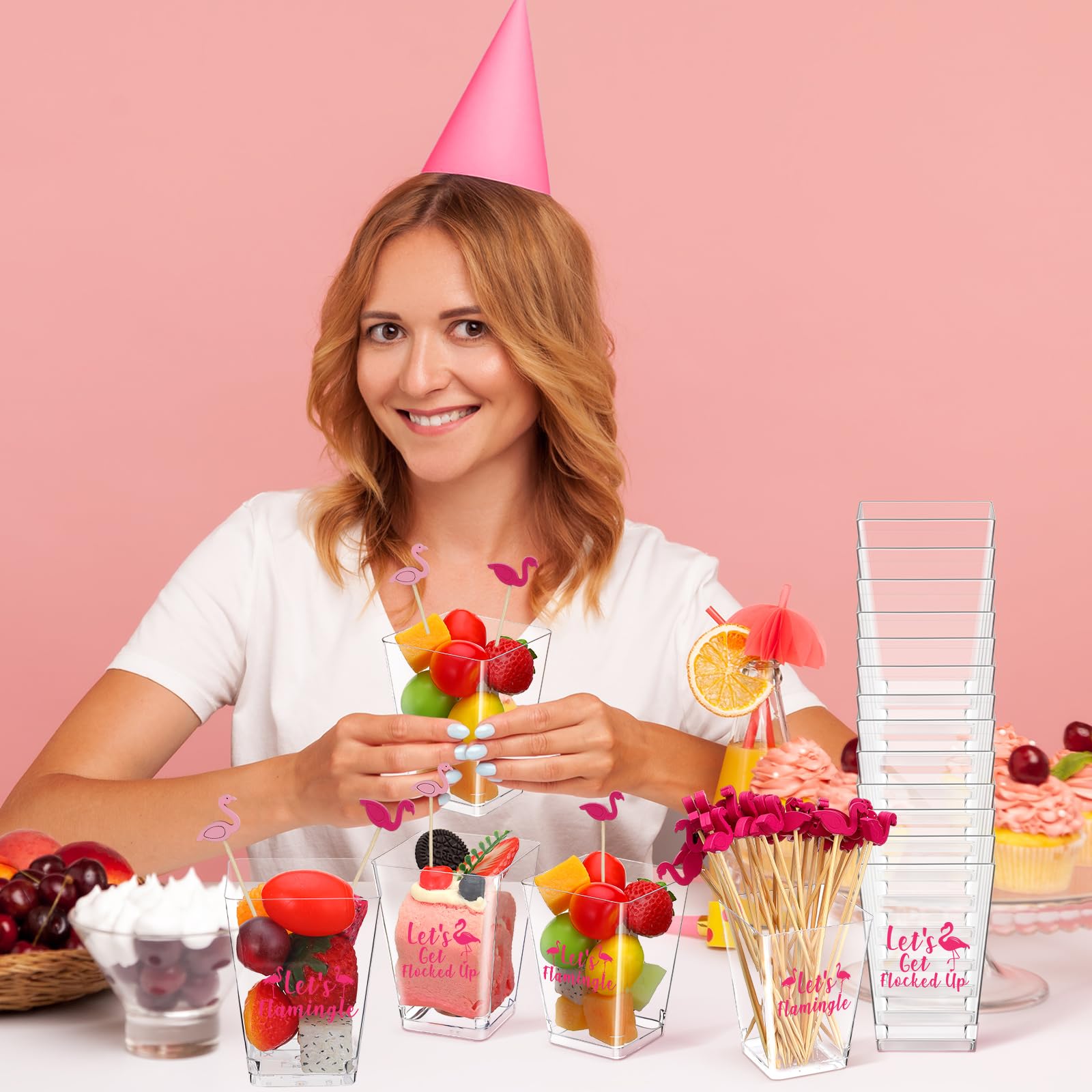 50 Set Flamingo Party Supplies with 5 oz Charcuterie Cups and 100 Bamboo Cocktail Toothpicks flamingo party decorations for summer Hawaii Beach wedding Graduation birthday favors