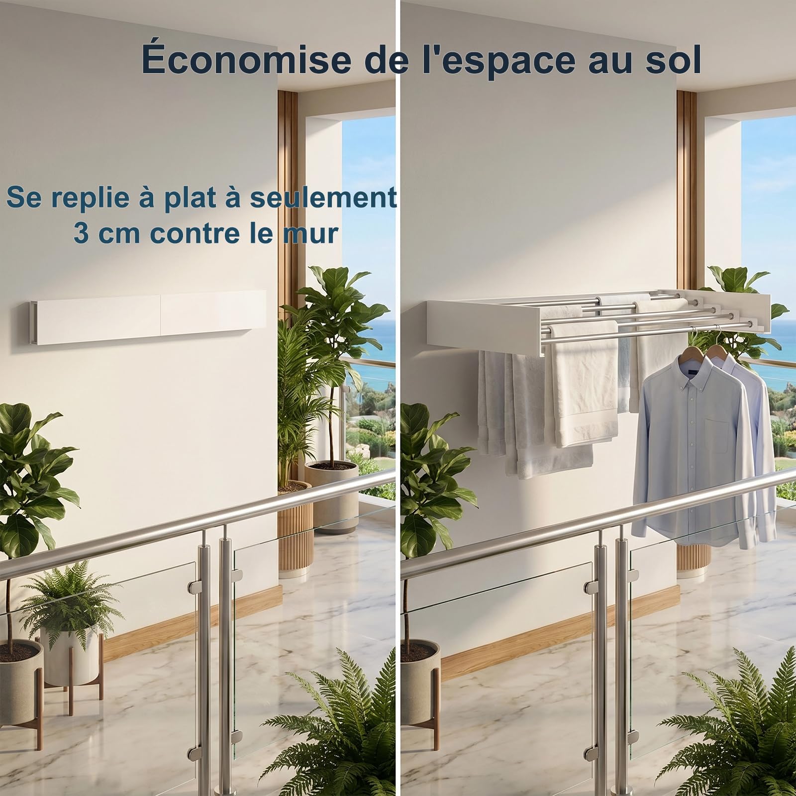 FUSHITON Séchoir Mural Pliable 5 Barres, Porte-Serviettes Pliable en Aluminium + Acier Carbone Revêtu par Poudre, Gain de Place pour Salle de Bain & Balcon, Charge Max 10 kg, Blanc