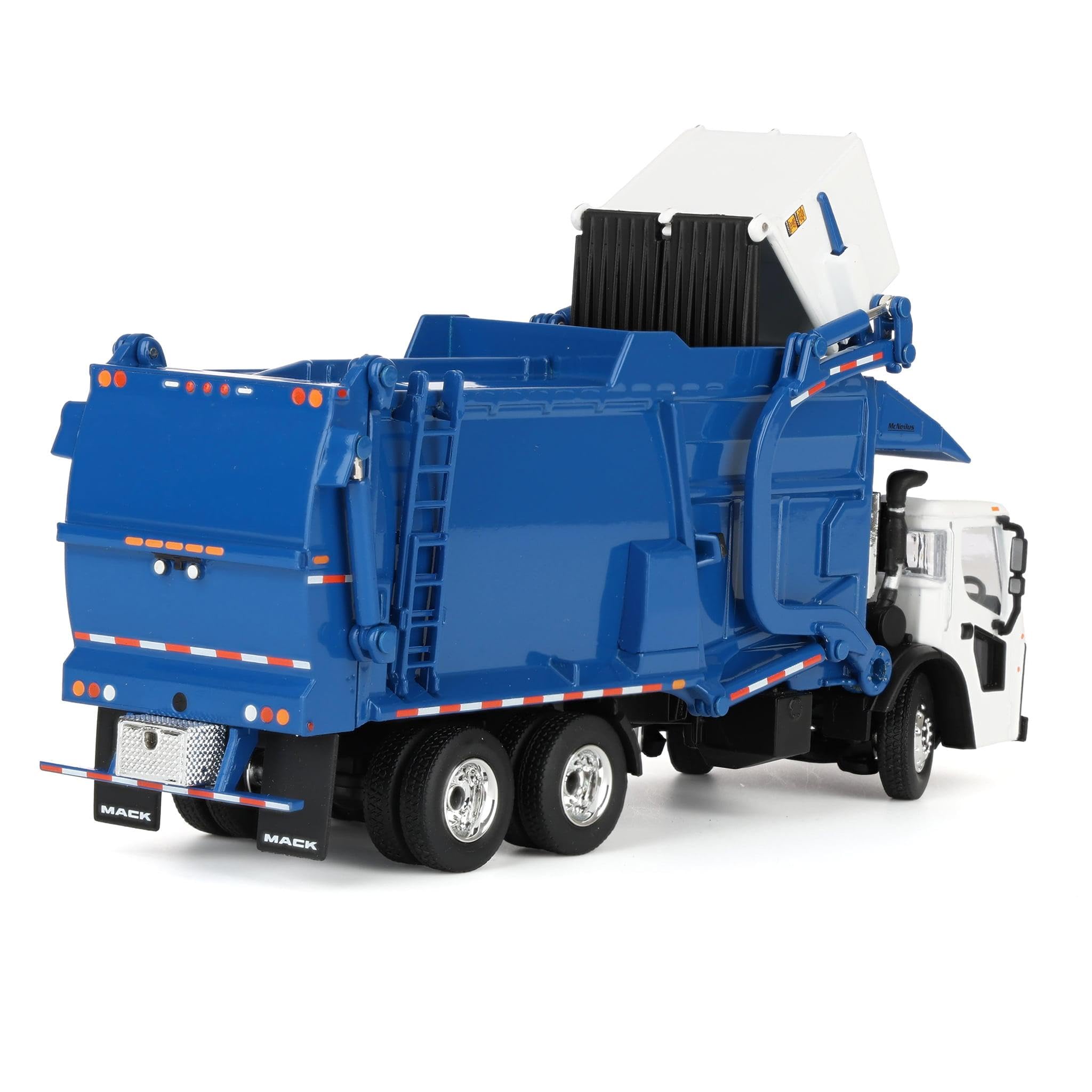 First Gear 1/64 White & Blue Mack LR Truck Model with McNeilus