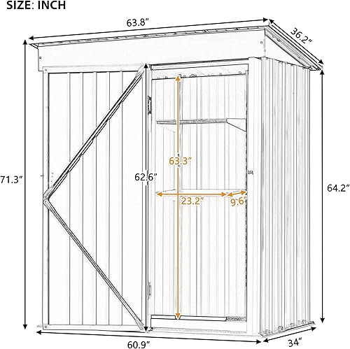 Miniatura 8 de Cobertizo de almacenamiento para exteriores de 5 x 3 pies, cobertizo de almacenamiento de metal con estante ajustable y puerta con cerradura,