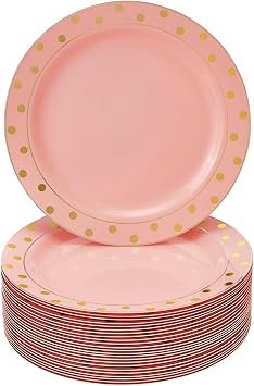 SILVER SPOONS Elegant Disposable Plates For Party - 24 Piece Heavy Duty Disposable Dinner Set 10.25, Fine Dining Plastic Dishes For Elegant China Look, Great for celebrations & events, Gold