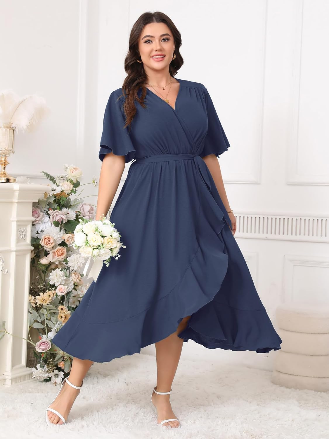 Plus Size Formal Wedding Guest Cocktail Dresses for Curvy Women Maxi Dress Wrap V Neck Short Sleeve - Image 2