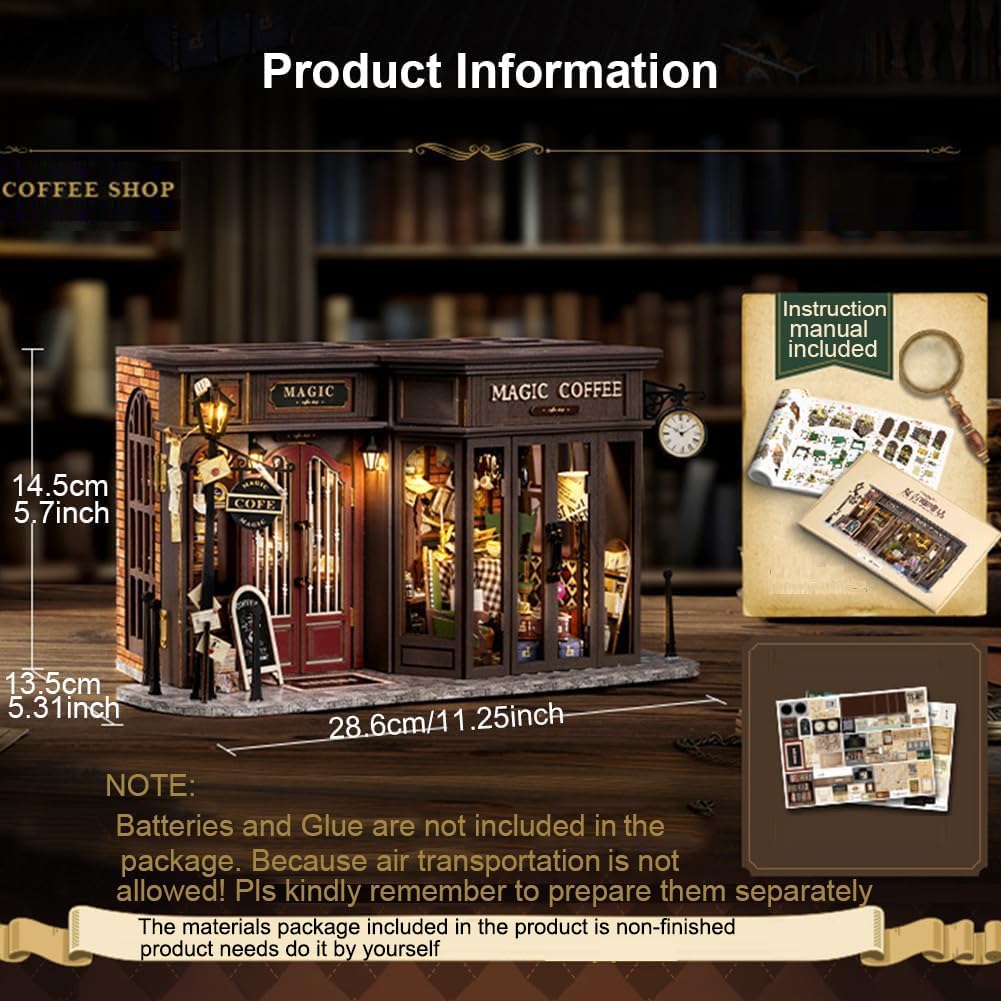 Miniaturowy zestaw Magic Coffee Shop domek dla lalek, drewniany zestaw do domku dla lalek, miniaturowy zestaw domków ze światłem LED, kreatywny pomysł na pokój dla dorosłych