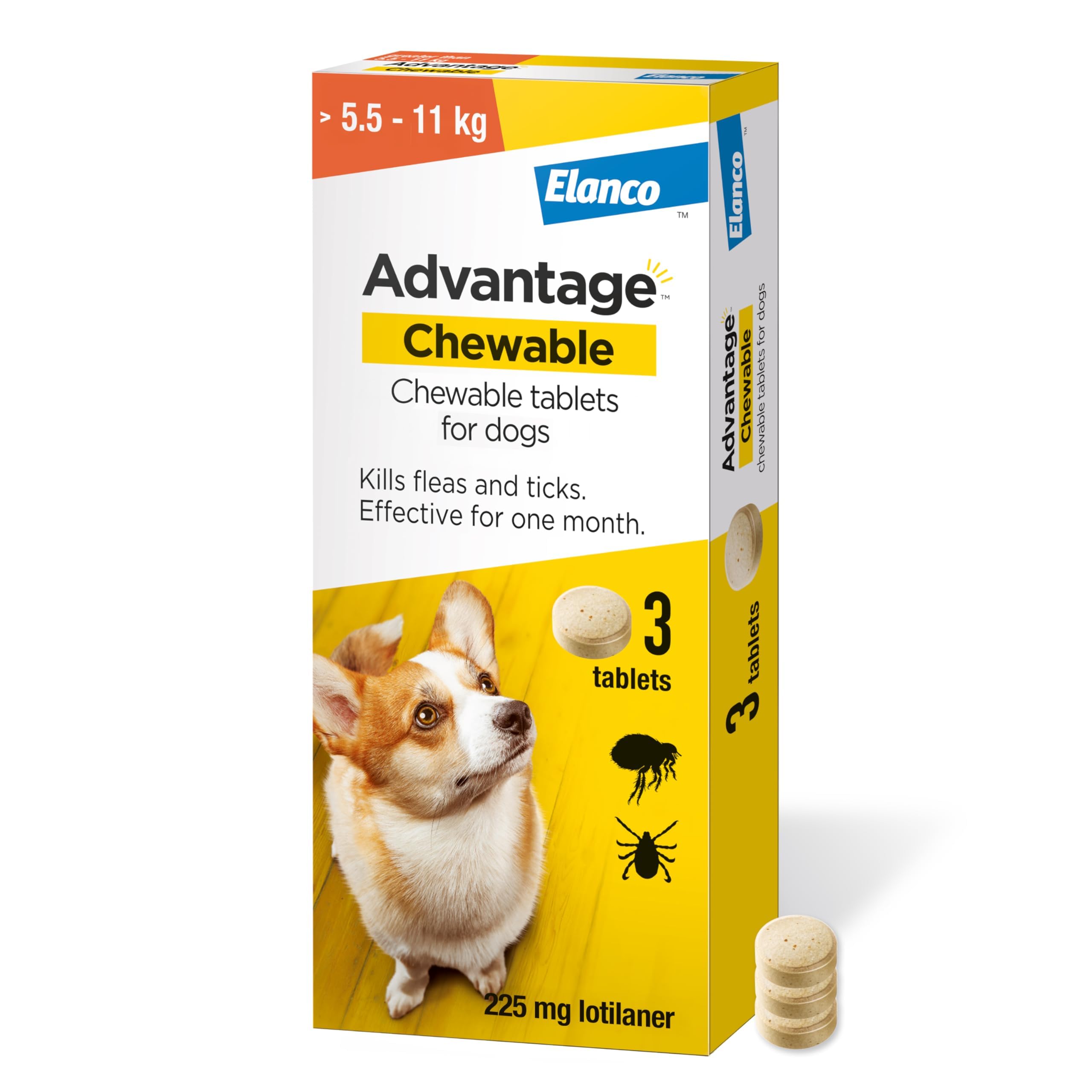 Advantage Chewable 225mg Chewable Tablets for Dogs >5.5-11kg (3 pack), Flea and Tick Treatment, Fast Acting Kills Fleas Within Hours, Prevention Lasts For A Month, Easy To Administer