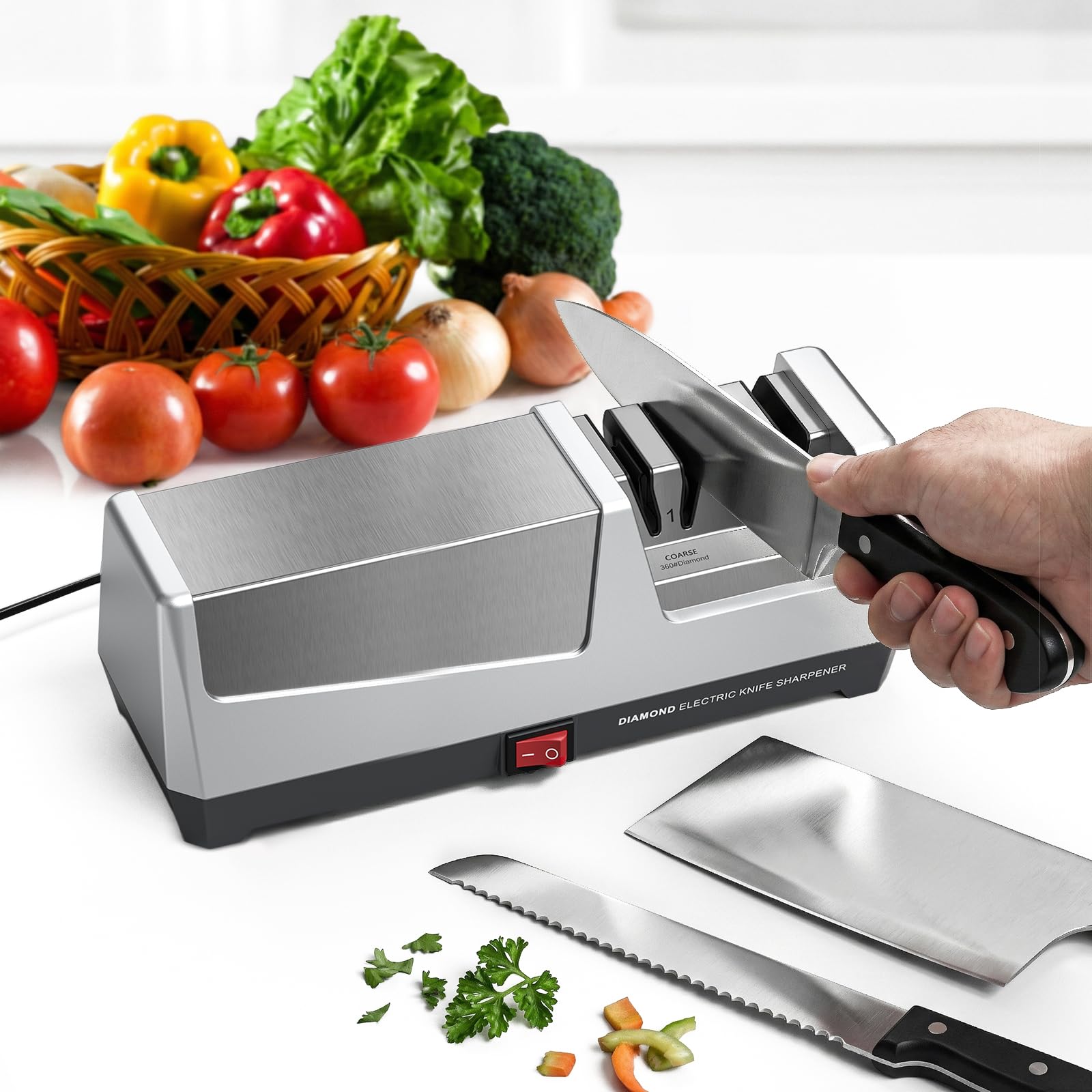 Afilador de Cuchillos Eléctrico Profesional con 2 Niveles, Discos de Diamante, Protección contra Sobrecalentamiento, Motor Silencioso, Afilado Rápido de Cuchillos de Cocina