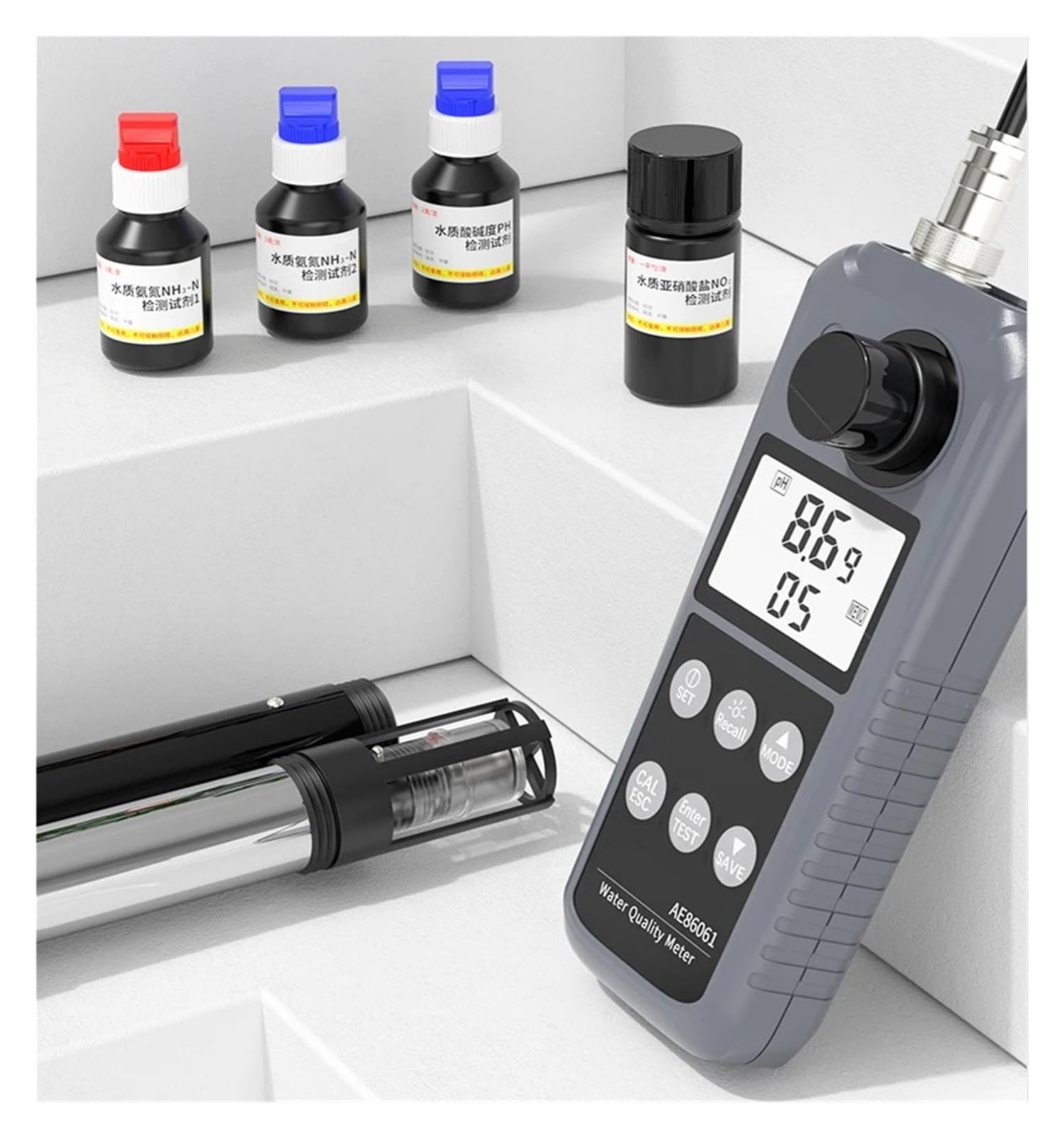 AE86061 Analyseur numérique de qualité de l'eau de laboratoire avec écran rétroéclairé | Mesure de la température, du pH, des nitrites, de l'ammoniaque et de l'azote (écran LCD) pour laboratoire/pisc