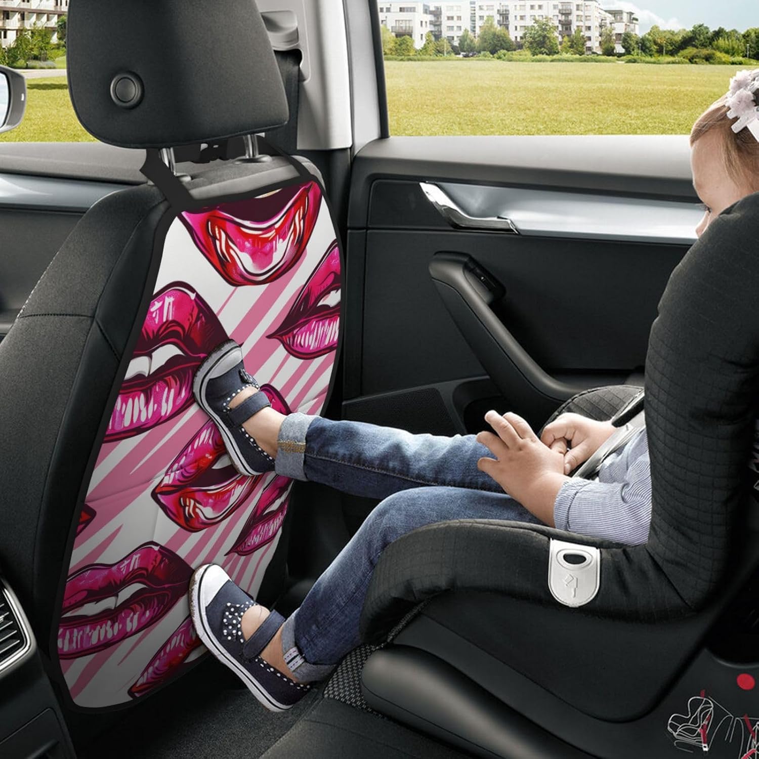 Car Seat Back Kick Protector 2 Pack 18.5" x 26.4", Pink Red Lips Upgraded Large Rear Seat Cover for Dirty Shoes Kids Pets, Waterproof Oxford Fabric Anti-Kick Pad for SUV Jeep Truck Sedan