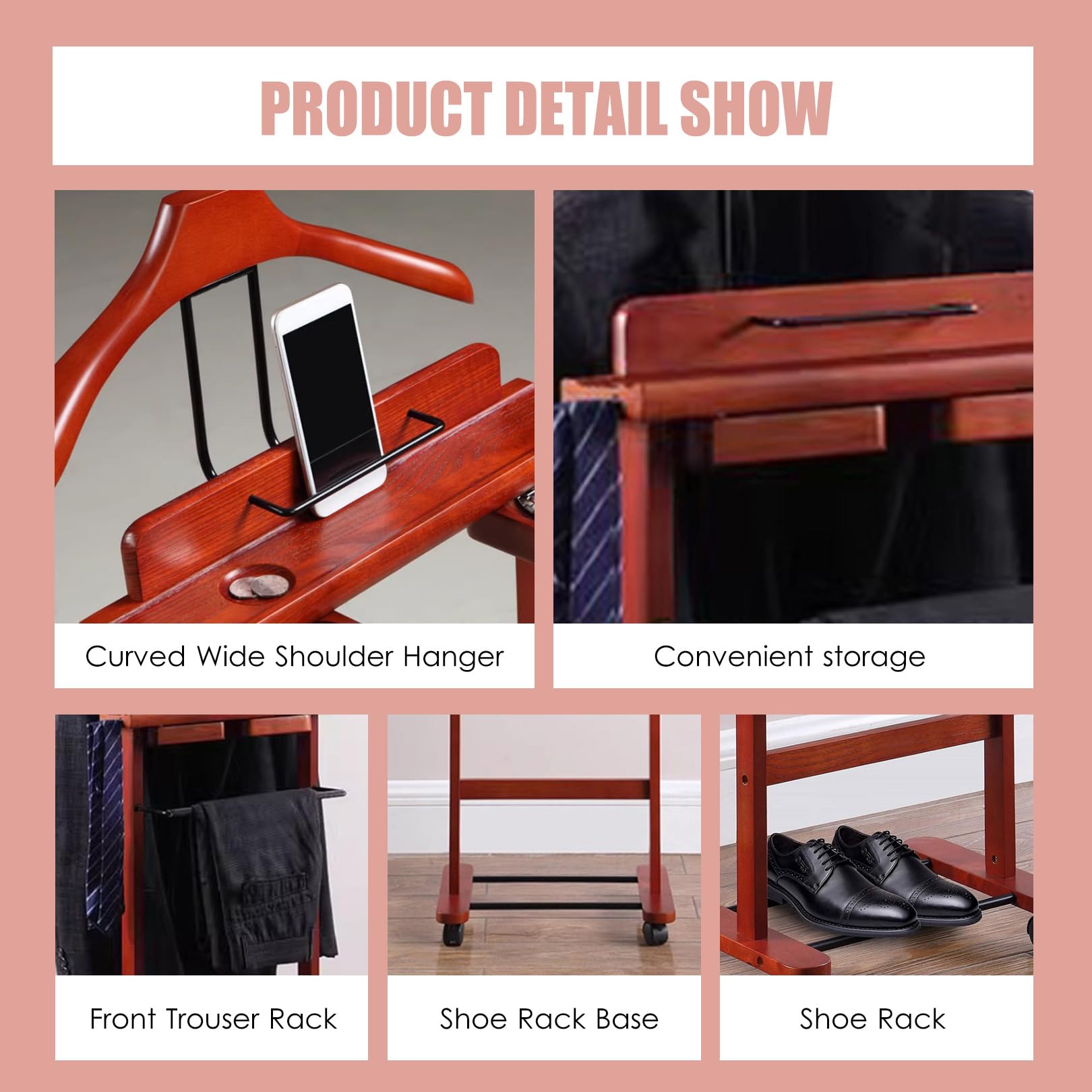 259138 Support de valet autonome en bois massif avec porte-pantalons et porte-cravate, solution de rangement élégante pour chambre à coucher/bureau, parfait pour les accessoires pour hommes, 259138
