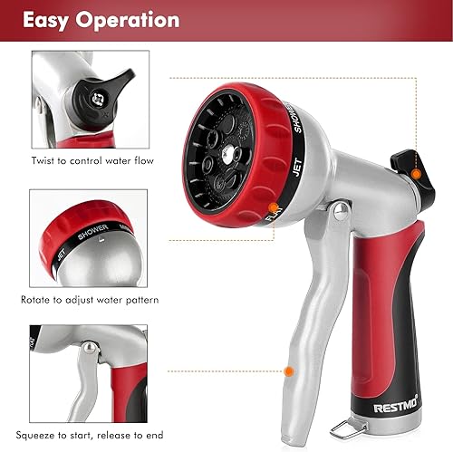 Miniatura 4 de RESTMO - Boquilla para manguera de jardín, boquilla para manguera de agua de metal resistente con 7 patrones de pulverización ajustables, rociador