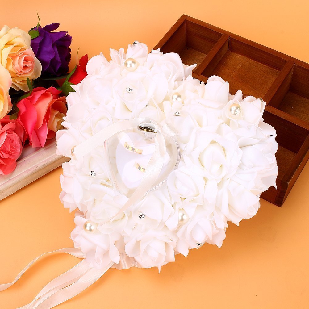 Oreiller Anneau de Mariage, zJchao 15 x 13 cm forme coeur cadeau anneau coussin oreiller romantique rose alliance bague coussin Boîte Bague de service la mariage