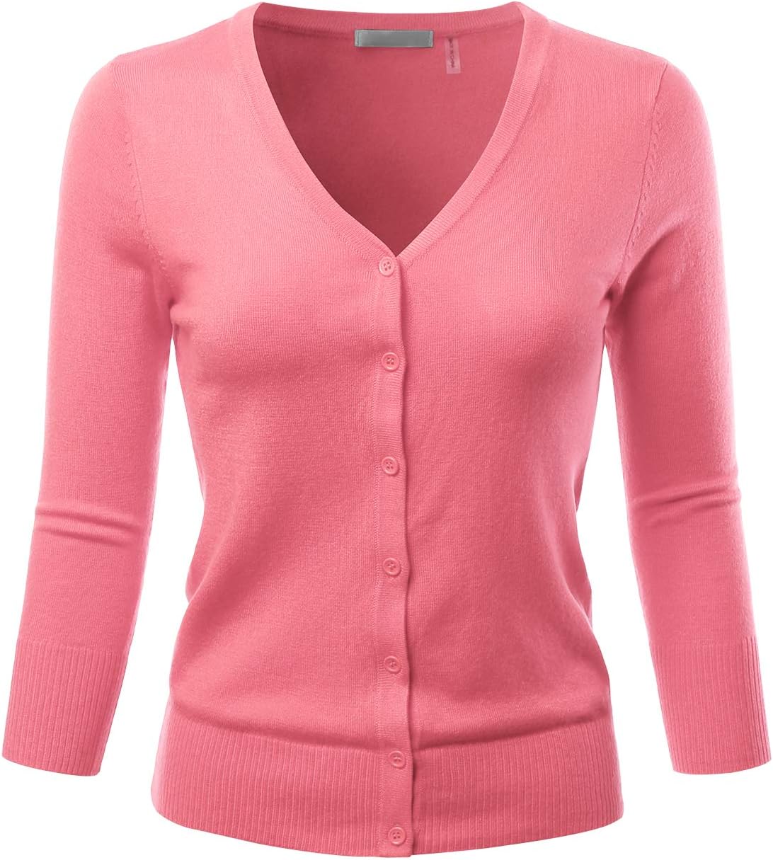 EIMIN Women's 3/4 Sleeve V-Neck Button Down Stretch Knit Cardigan Sweater (S-3X)