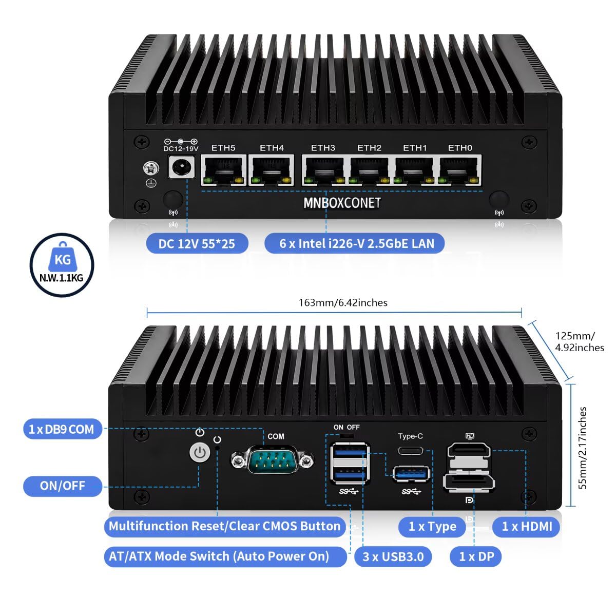 Firewall Fanless Mini PC i3 8130U Hardware DDR3L 16G RAM 128G SSD OPNsense | 6 x i226V 2.5GbE LAN, Micro Industrial Appliance Router, AES-NI, DP9 COM, E Key, USB-C, SIM Card Slot