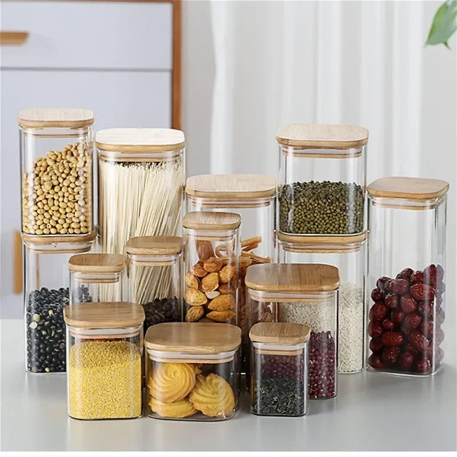 Barattolo for alimenti in vetro trasparente quadrato da 4 pezzi con coperchio, contenitore for tè e caffè, for snack, noci, scatola sigillata, organizzatore cucina Per Biscotti(10x10cm)