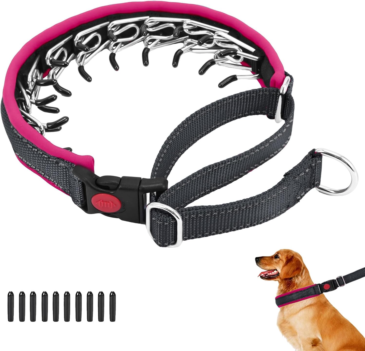 Martingale No Pull Dog Collar for Large Medium Small Dogs, Heavy Duty Nylon Reflective Adjustable Anti Pull Slip Collar with Buckle for Training Walking M Black Hot Pink