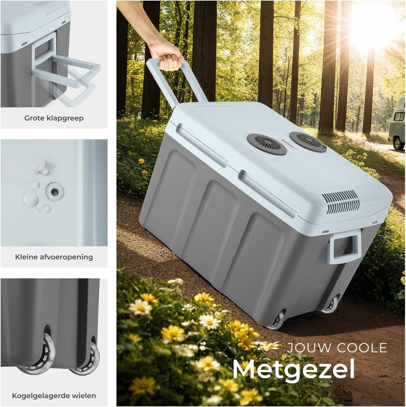 tectake Electric Cooler and Warmer Box being pulled by its handle, showing the wheels and a small drain plug, with a forest background.