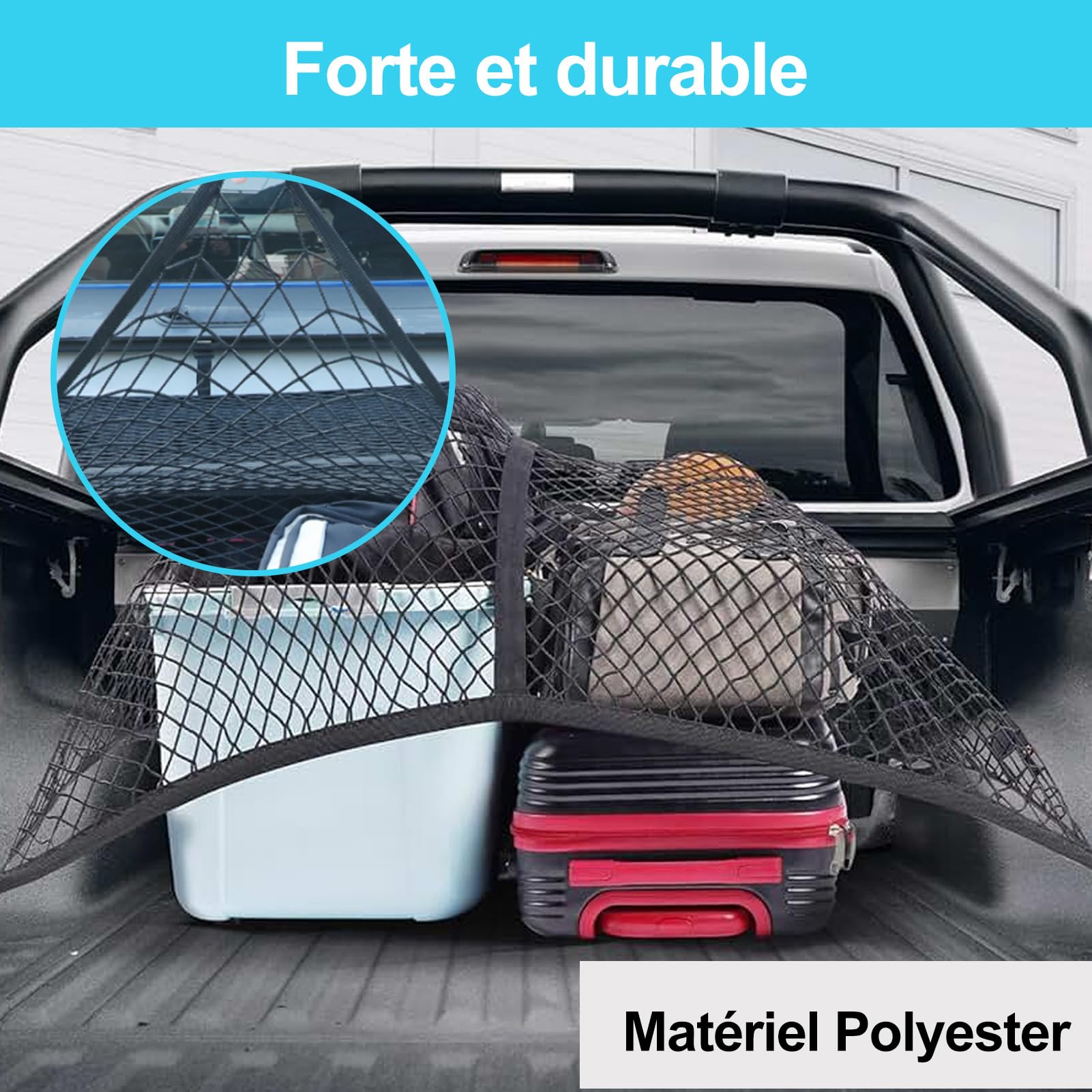 Filet à Bagages Hautement Élastique, 3.9 X 3.9ft Extensible Jusqu'à 6.9 X 6.9ft (Une Couche), Filet à Bagages avec 6 Mousquetons en Acier +Sac de Rangement pour Camionnette SUV, Camions et Caravanes