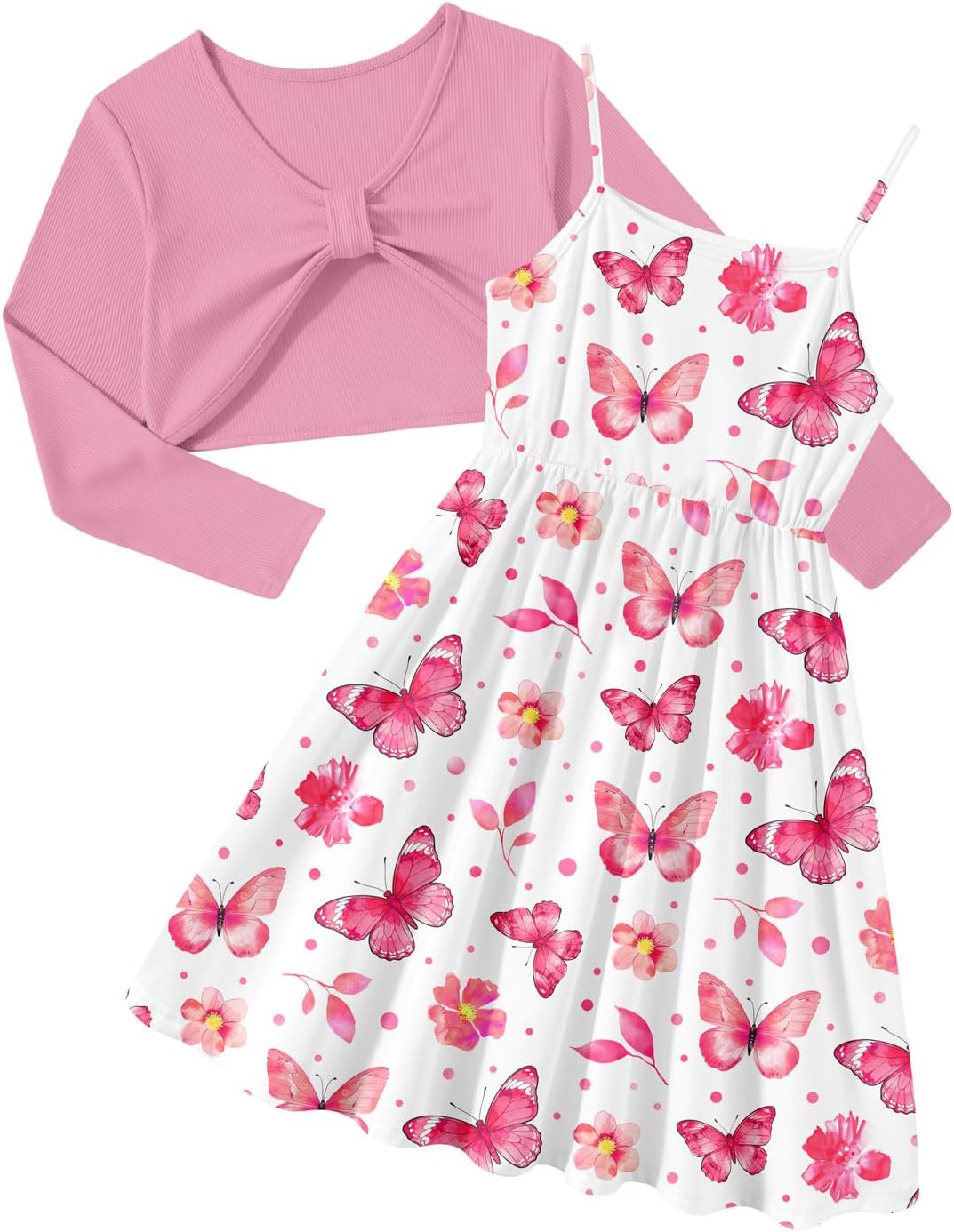Girl's 2 Piece Outfit Printed Cami Dress with Long Sleeve Bow Crop Cardigan Set for 5-12 Years
