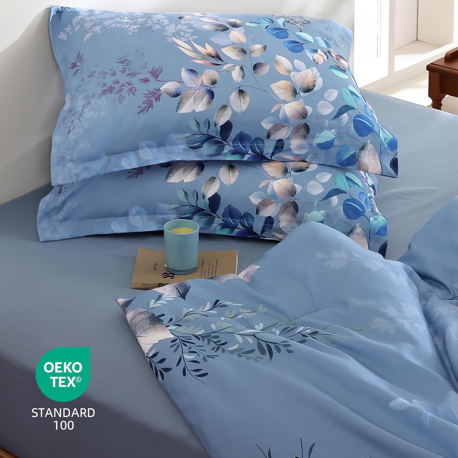 Xruibed Blue Comforter Set King Size 7 Pieces Bed in a Bag, Botanical Floral Print Bed Sets, Elegant Flower Comforter with Sheet Set, Soft Microfiber Bedding Set for All Season (Blue, 104"x90") - Image 6