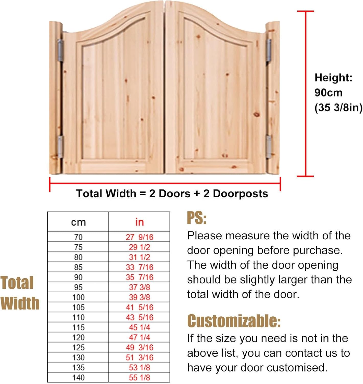 Arched Top Retro Cafe Saloon Doors, Solid Wood Swinging Doors for Restaurant Bar Shop Kitchen Bathroom, Double Half-Waist Door Hinges Included (Color : Natural, Size : W 140cm (55 1/8"))