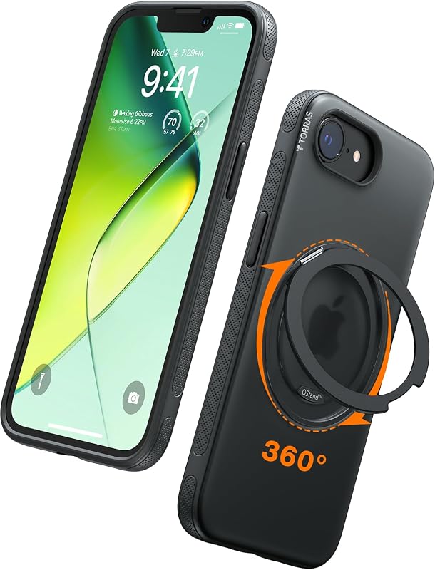 Soporte magnético TORRAS 360 para iPhone 17e y 16e, serie O3 Fitness | [Apto para MagSafe] [Protección de grado militar] Funda delgada translúcida para iPhone 17e, negro obsidiana
