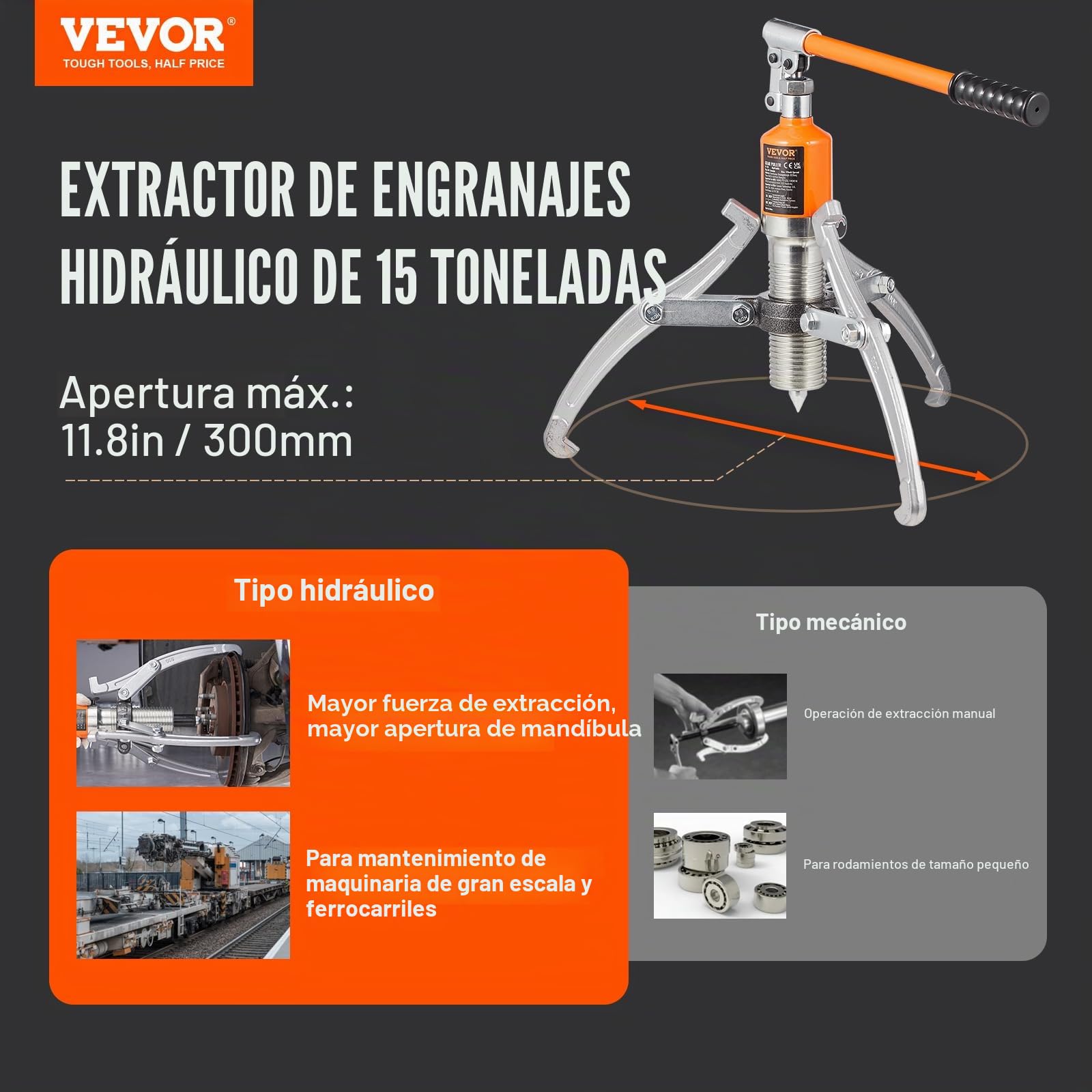 VEVOR Extractor De Engranajes Hidráulico 2 o 3 Patas de Acero Separador De Tracción De Rodamientos Capacidad de Tracción 15 T Extractor de Cojinetes Extensión de 304,8 mm para Desmontaje de Engranajes