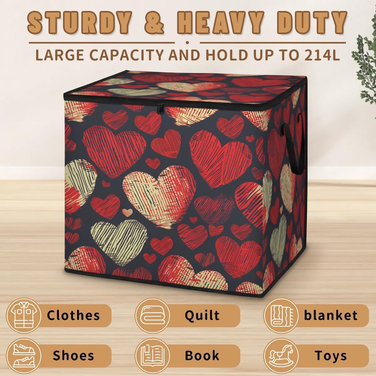 Honeybaby 214L Extra Large Comforter Storage Bag Day Valentines Hearts Storage Totes with Lids Waterproof Closet Organizer Folding Blanket Storage Bags for Clothes Bedding Pillows