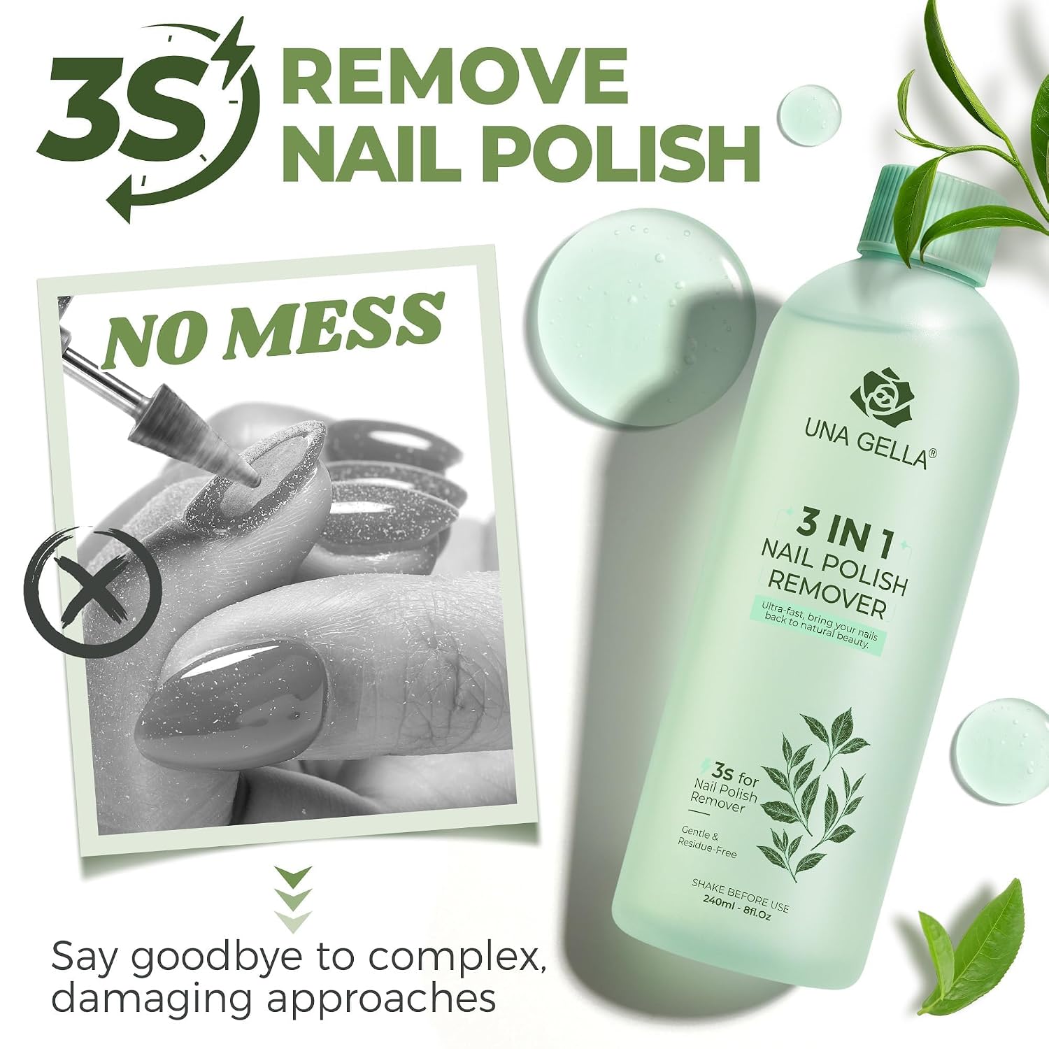 UNA GELLA Nail Polish Remover, Soak Off Polish Remover For Nails With Easy Use Cap, Healthy Formula Works For Nail Glue 8 Fl Oz, Green Tea Scent