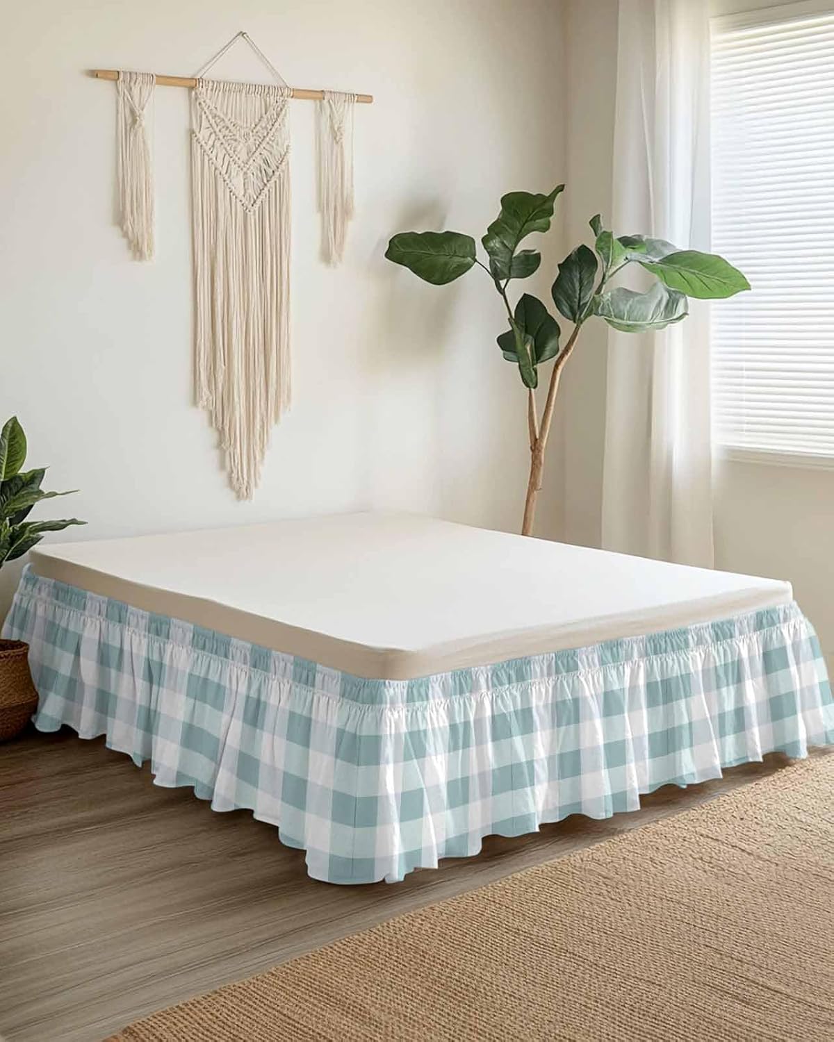 Bed Skirt Teal White Buffalo Plaid Bedskirt 18 Inch Drop Classic Checked Elastic Wrap Around Bed Skirts Dust Ruffle for Cal King Size Bed