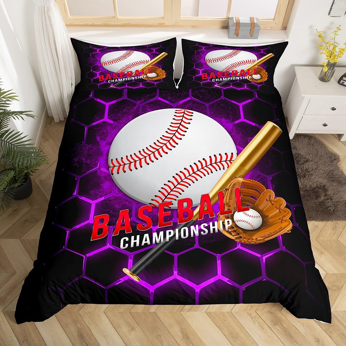 Baseball Duvet Cover Set Super King Size, Ball Gaming Sports Themed Bedding Set 3pcs for Kids Boys Teen Bedroom Decor, Purple Honeycomb Comforter Cover Soft Polyester Quilt Cover with 2 Pillowcases โ image 1