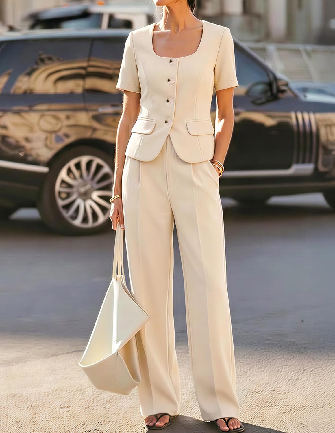 ZESICA Women's Summer Two Pieces Suits Set 2026 Short Sleeve Blazer Wide Leg Pants Business Casual Outfits Sets - Image 2