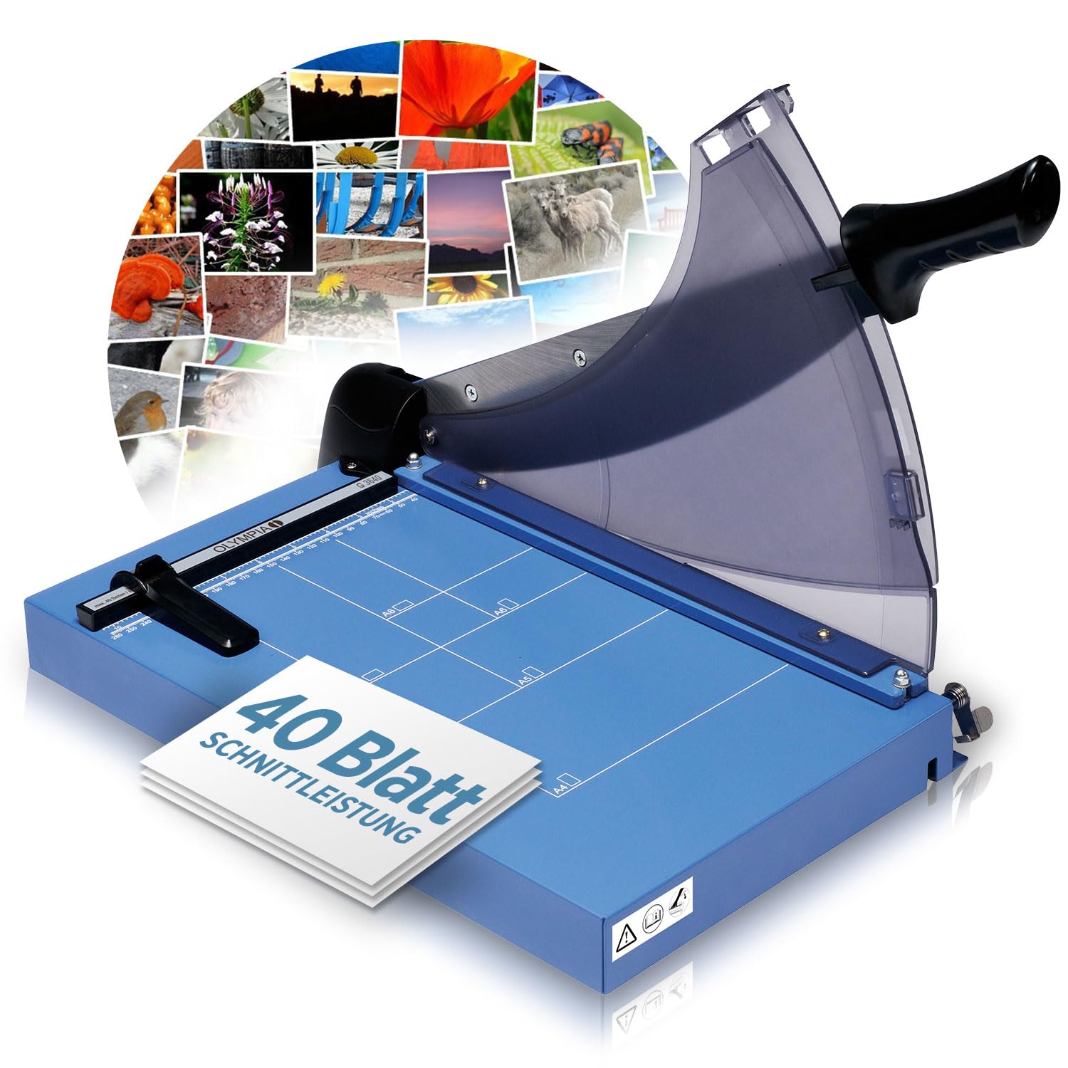 Olympia G 3640 Premium Hebelschneider | hochwertiger Papierschneider A4 bis zu 40 Blatt | 360 mm Arbeitsbreite | Fingerschutz & automatische Fixierung | Papierschneidemaschine | Schneidegerät | blau