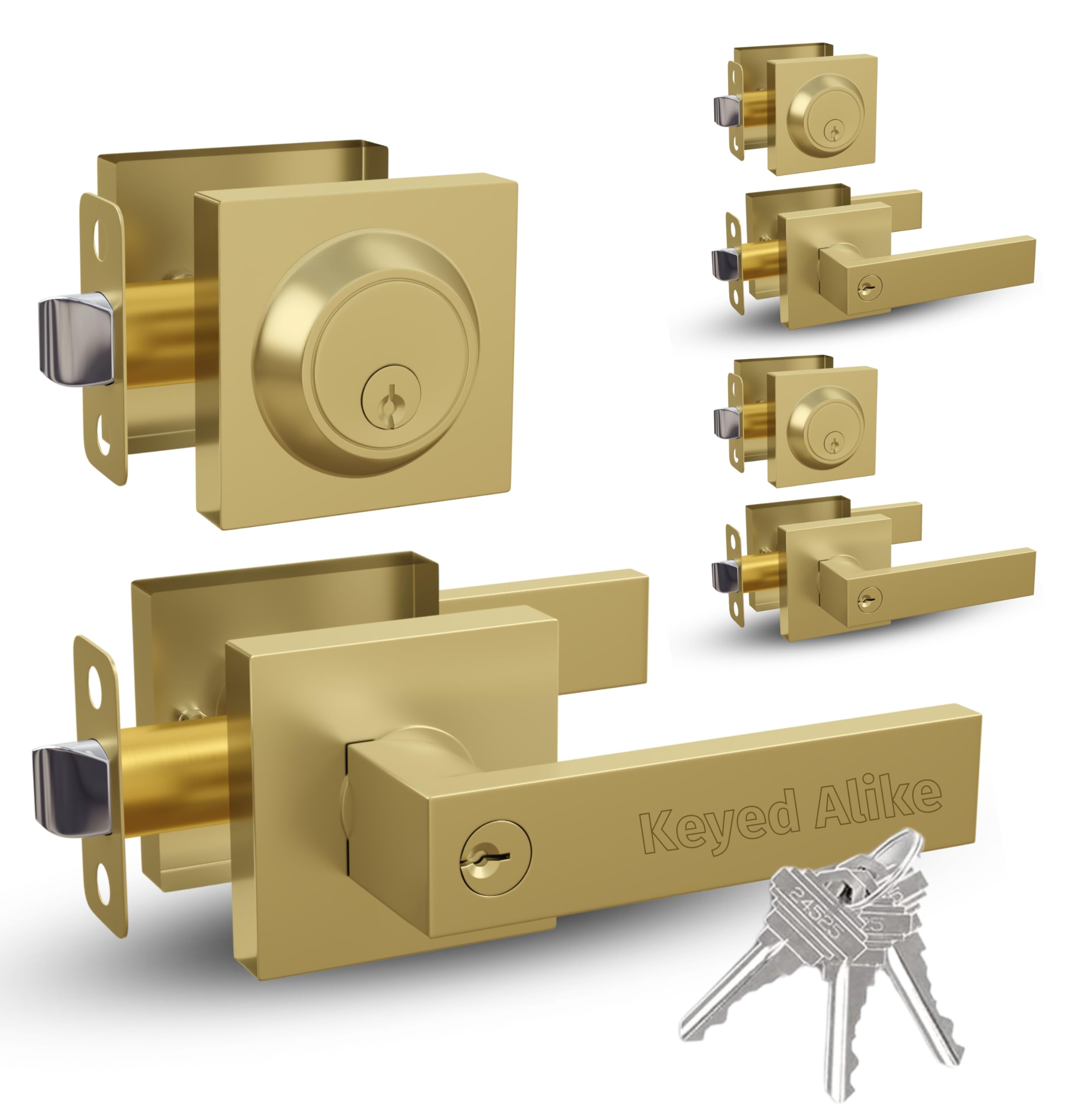 Mega Handles Paquete de 3 manijas de puerta de entrada I y cerradura de cerrojo de un solo cilindro y llave, juego de palancas de bloqueo cuadradas resistentes - Latón satinado - Paquete de 3 - Llaves