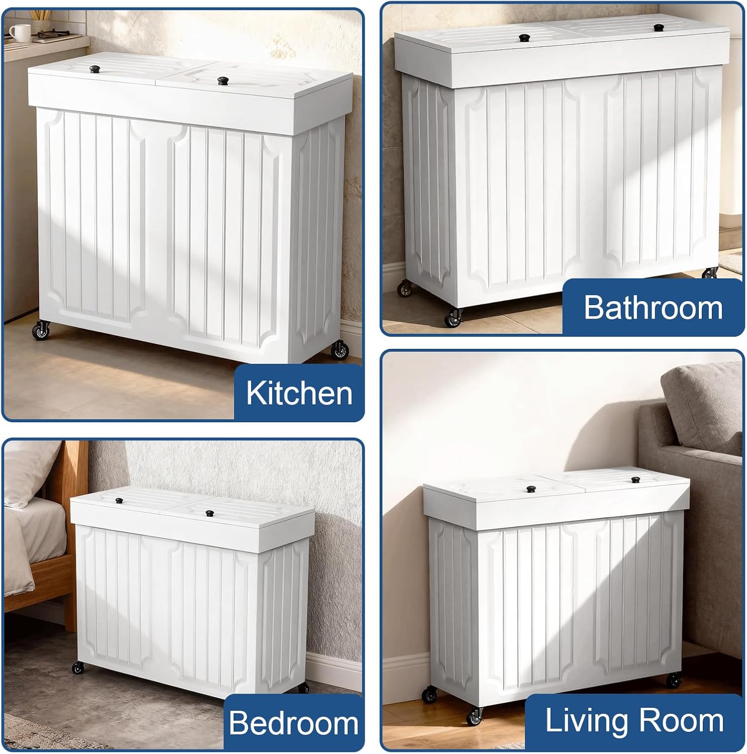 Wood Trash Can Cabinet, 2×13 Gallon Dog Proof Kitchen Garbage Can with Lid, Hidden Trash Storage with Wheels, Metal Ring Included, 29.5" L x 12.6" W x 27.5" H, White (White)