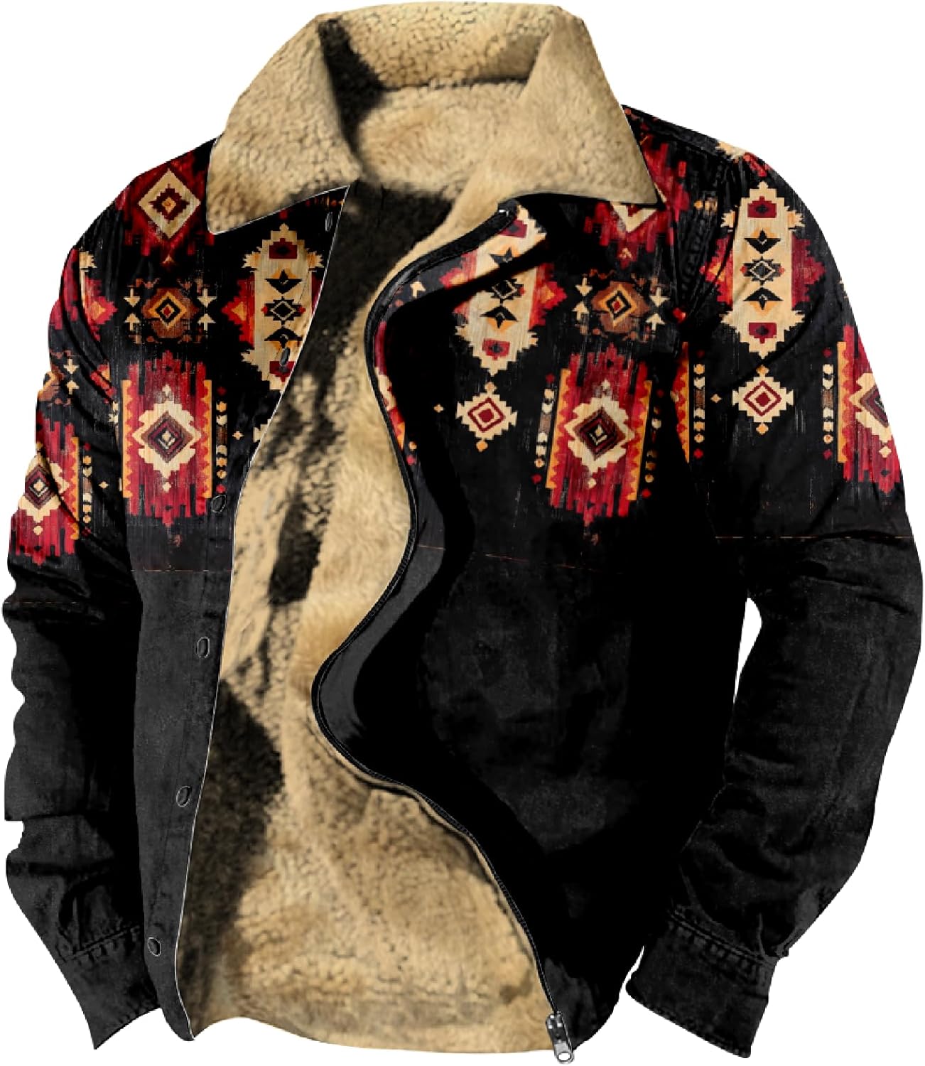Actec Western Cowboy Jackets for Men Ethnic Print Long Sleeve Zip Up Sherpa Fleece Vintage Winter Outdoor Coat - Image 3