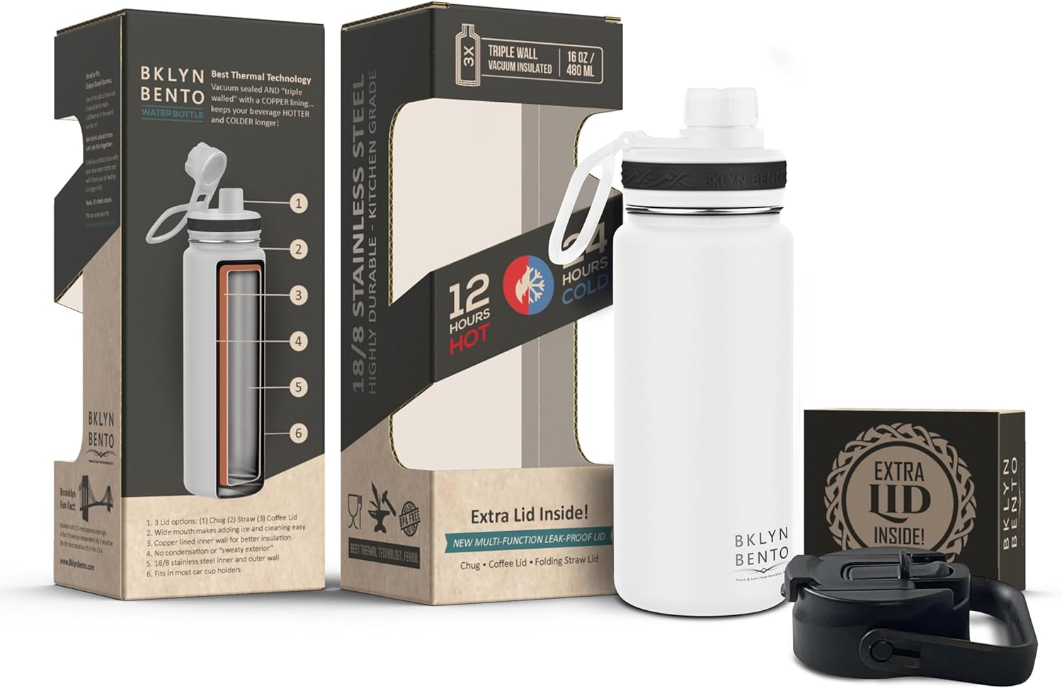 Water Bottle Stainless Steel Double Wall with 3 Leak-Proof Lids - Chug, Straw & Coffee Lid | Keeps Drinks Cold for 24 Hours and Hot for 12 Hours | BPA-Free Wide Mouth Metal Vacuum Flask (Black (24oz)